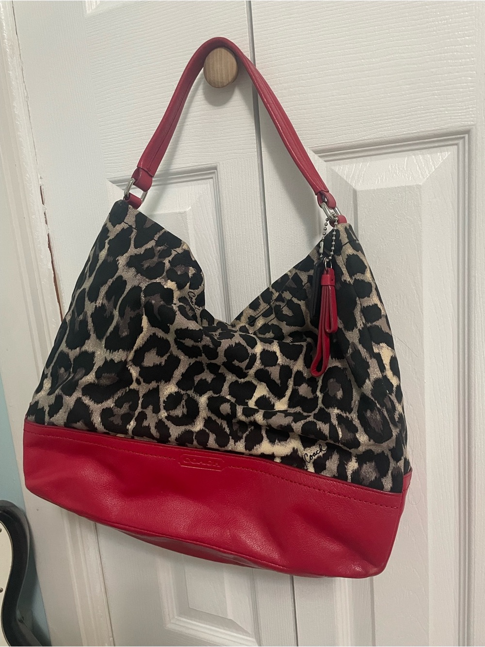 Coach Leopard Print Hobo with Red Leather Trim
